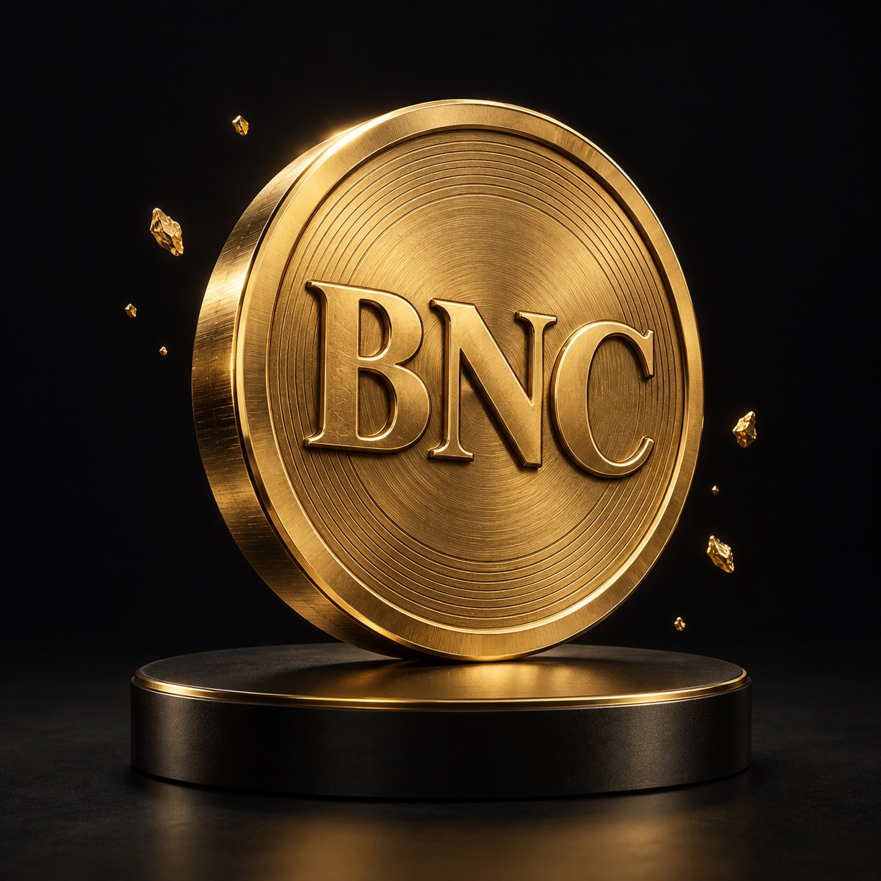 立于黑色基座上的金色 BNC 硬币